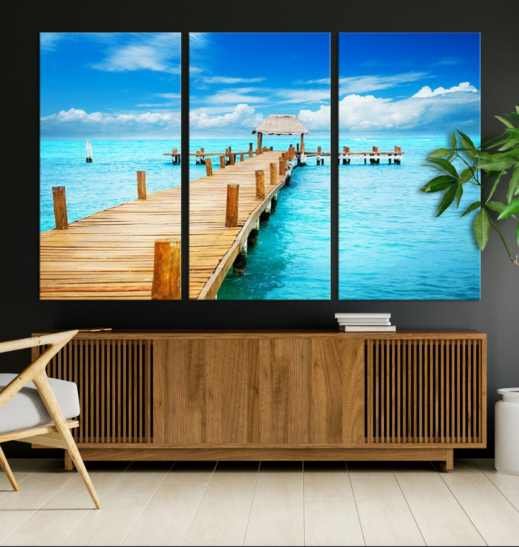 Wooden Pier in Blue Ocean Tropical Beach Canvas Wall Art Print