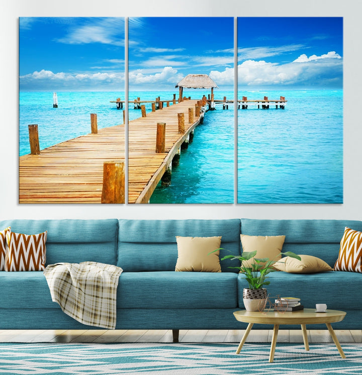 Wooden Pier in Blue Ocean Tropical Beach Canvas Wall Art Print