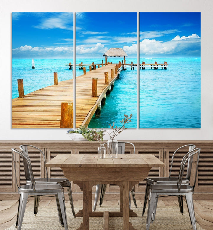 Wooden Pier in Blue Ocean Tropical Beach Canvas Wall Art Print