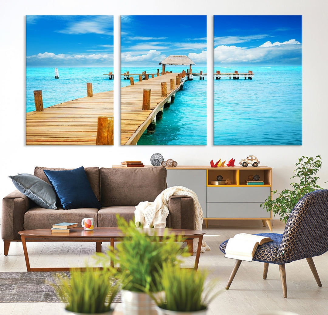 Wooden Pier in Blue Ocean Tropical Beach Canvas Wall Art Print