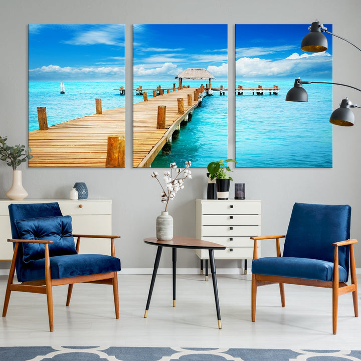 Wooden Pier in Blue Ocean Tropical Beach Canvas Wall Art Print