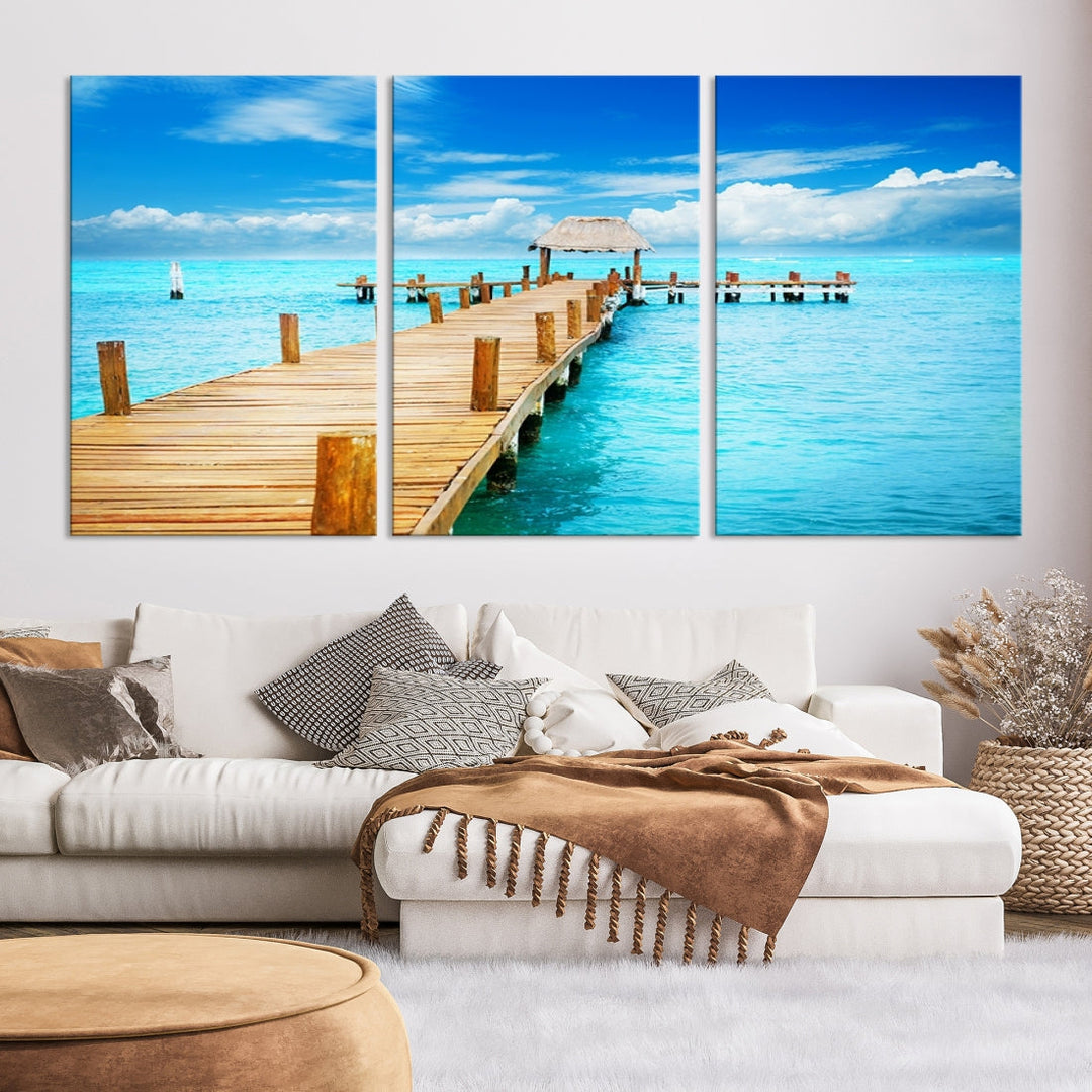 Wooden Pier in Blue Ocean Tropical Beach Canvas Wall Art Print