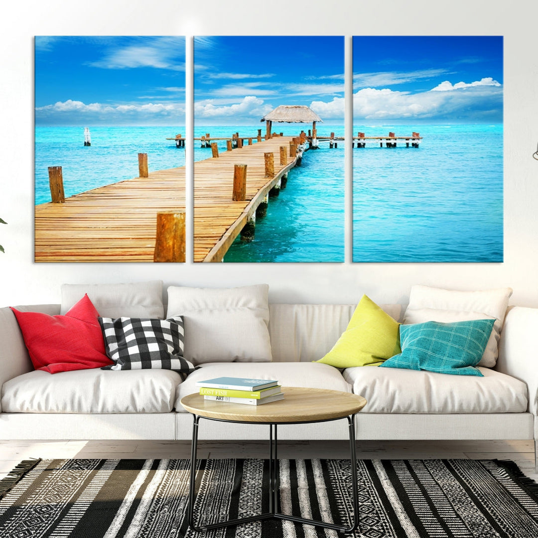 Wooden Pier in Blue Ocean Tropical Beach Canvas Wall Art Print