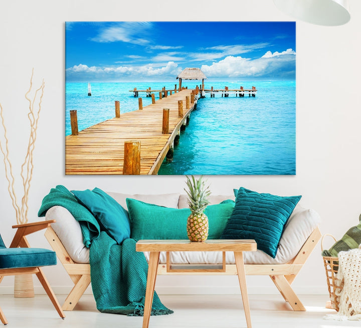 Wooden Pier in Blue Ocean Tropical Beach Canvas Wall Art Print