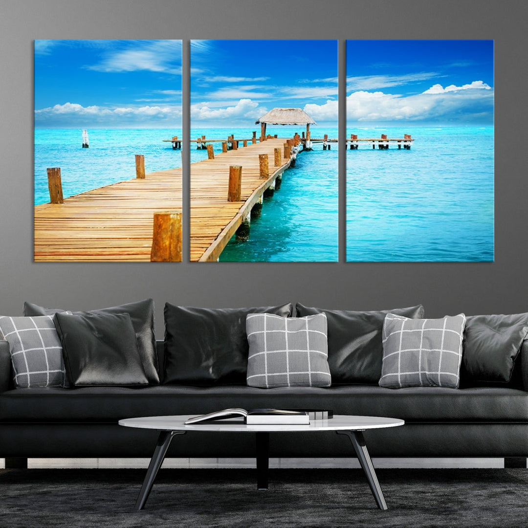 Wooden Pier in Blue Ocean Tropical Beach Canvas Wall Art Print