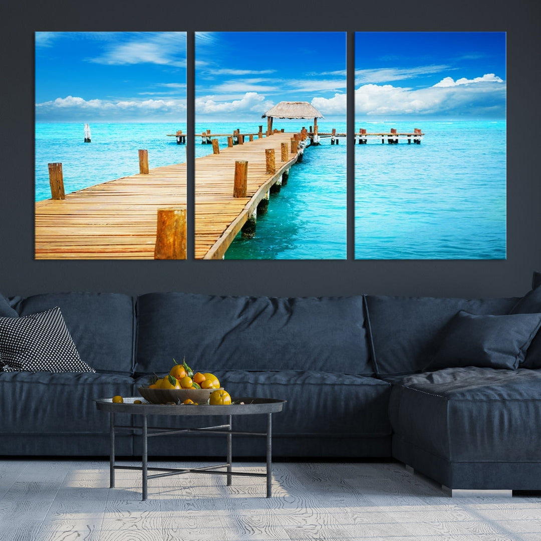 Wooden Pier in Blue Ocean Tropical Beach Canvas Wall Art Print