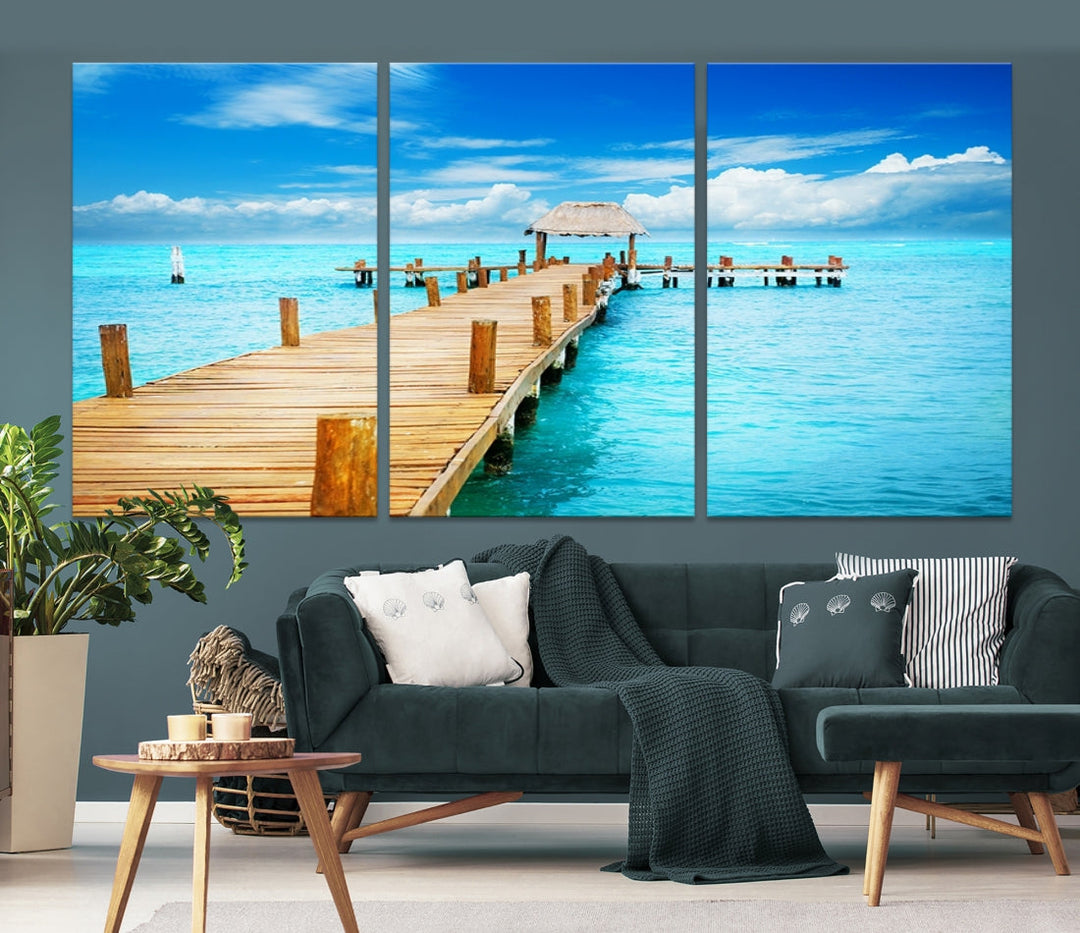 Wooden Pier in Blue Ocean Tropical Beach Canvas Wall Art Print