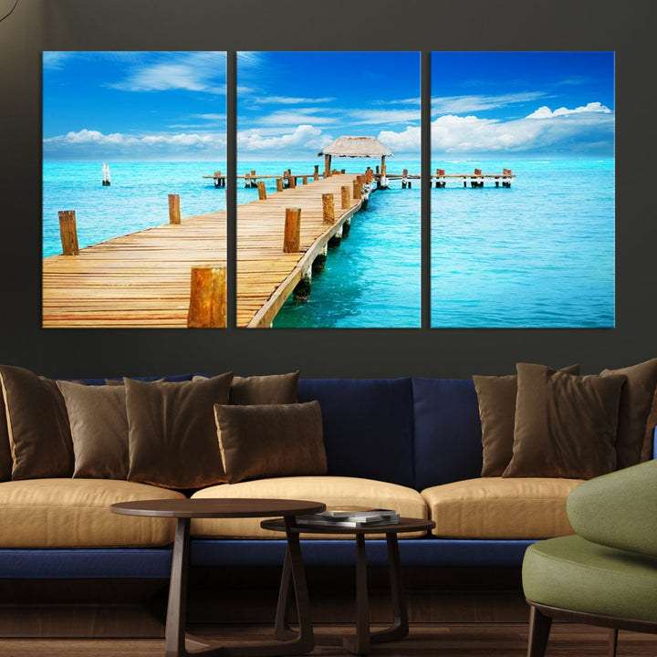 Wooden Pier in Blue Ocean Tropical Beach Canvas Wall Art Print