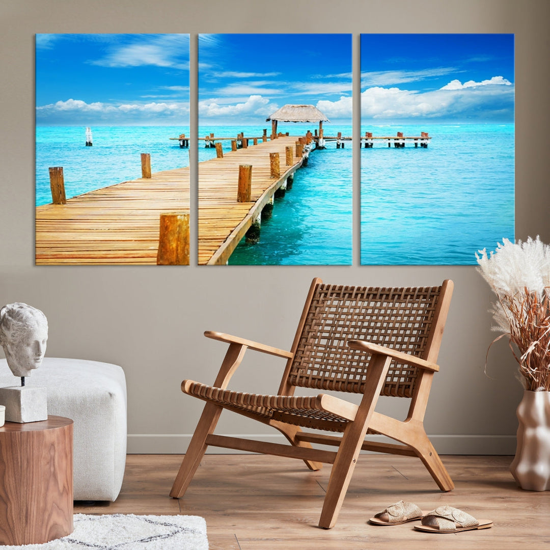 Wooden Pier in Blue Ocean Tropical Beach Canvas Wall Art Print