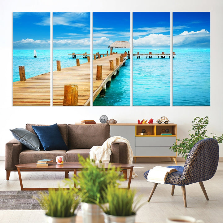 Wooden Pier in Blue Ocean Tropical Beach Canvas Wall Art Print