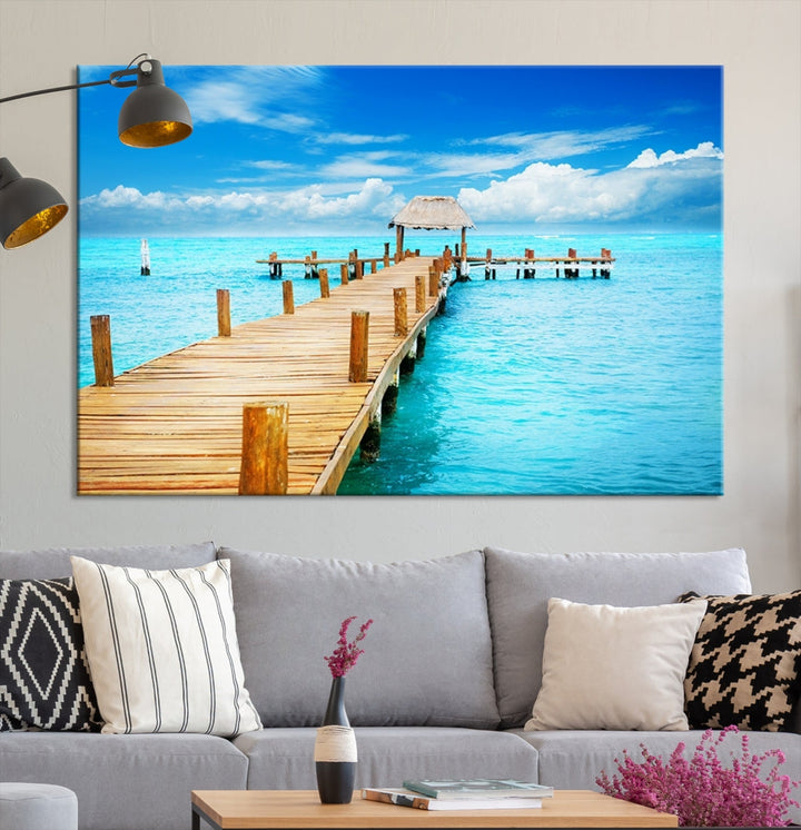 Wooden Pier in Blue Ocean Tropical Beach Canvas Wall Art Print