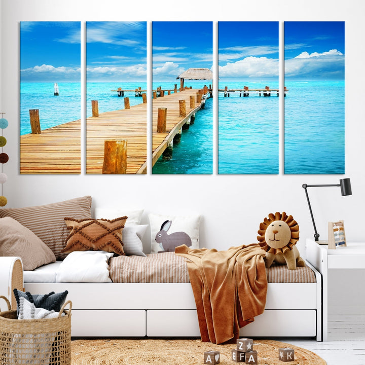 Wooden Pier in Blue Ocean Tropical Beach Canvas Wall Art Print