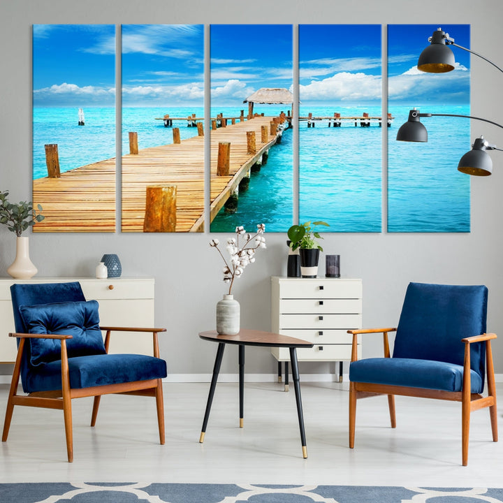 Wooden Pier in Blue Ocean Tropical Beach Canvas Wall Art Print