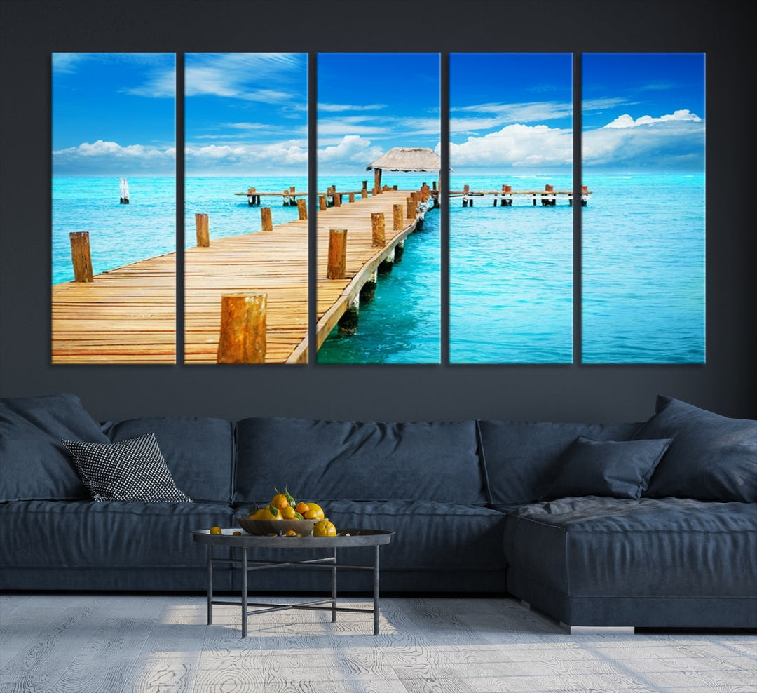 Wooden Pier in Blue Ocean Tropical Beach Canvas Wall Art Print