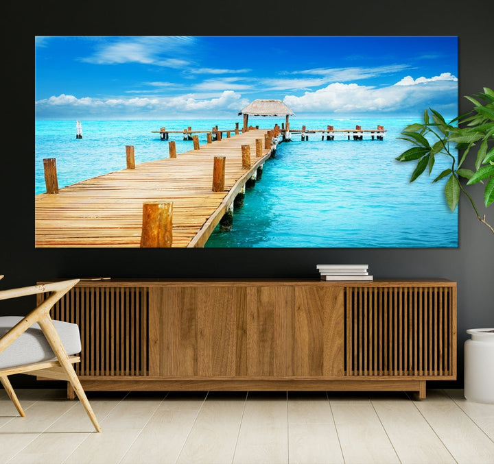 Wooden Pier in Blue Ocean Tropical Beach Canvas Wall Art Print