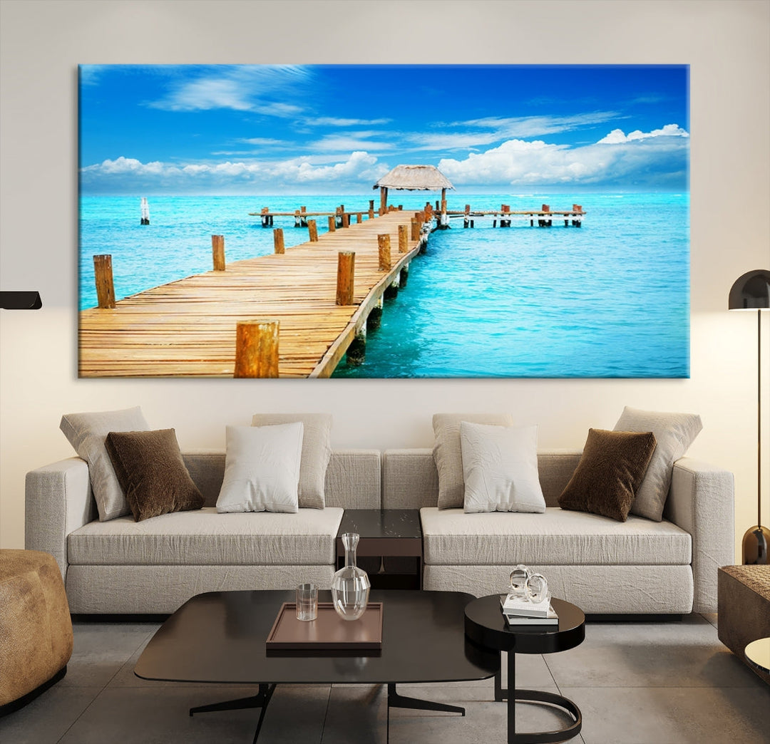 Wooden Pier in Blue Ocean Tropical Beach Canvas Wall Art Print