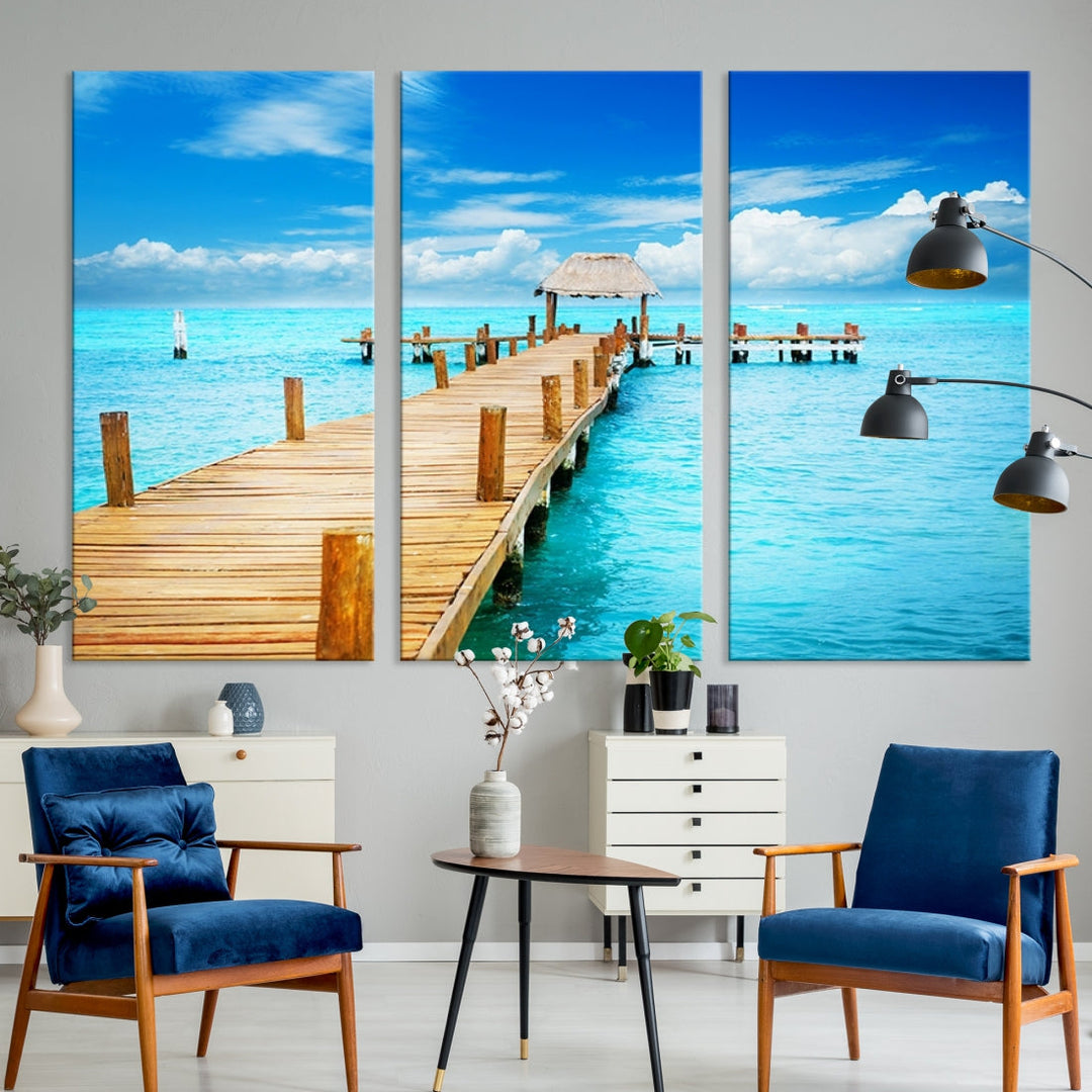 Wooden Pier in Blue Ocean Tropical Beach Canvas Wall Art Print