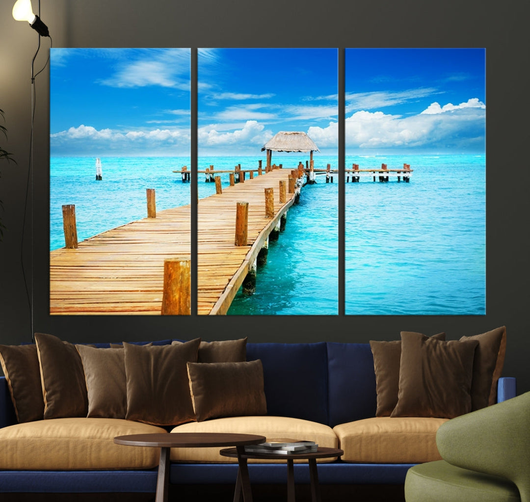 Wooden Pier in Blue Ocean Tropical Beach Canvas Wall Art Print