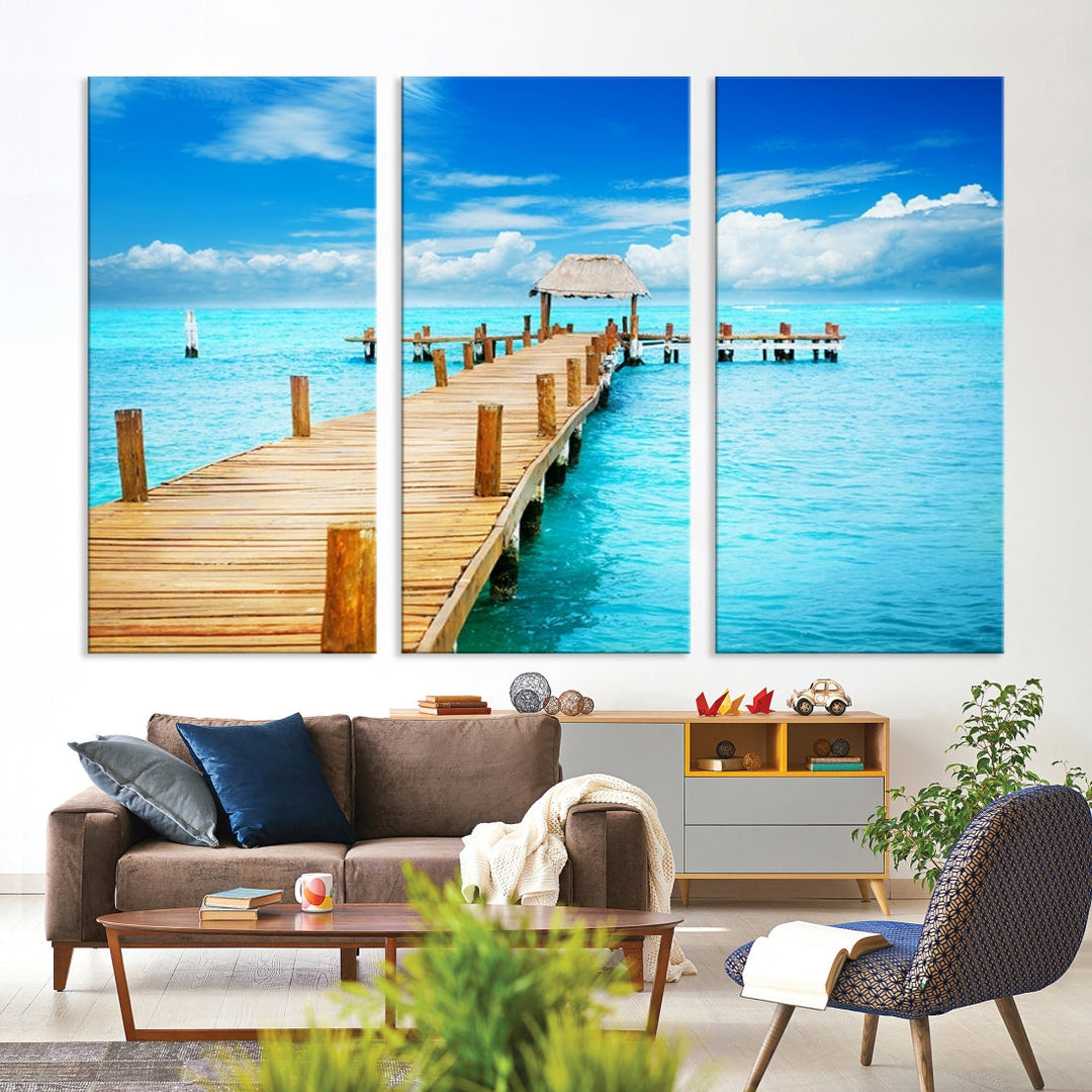 Wooden Pier in Blue Ocean Tropical Beach Canvas Wall Art Print