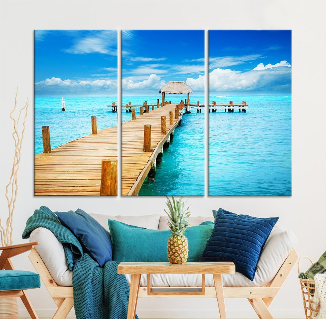 Wooden Pier in Blue Ocean Tropical Beach Canvas Wall Art Print