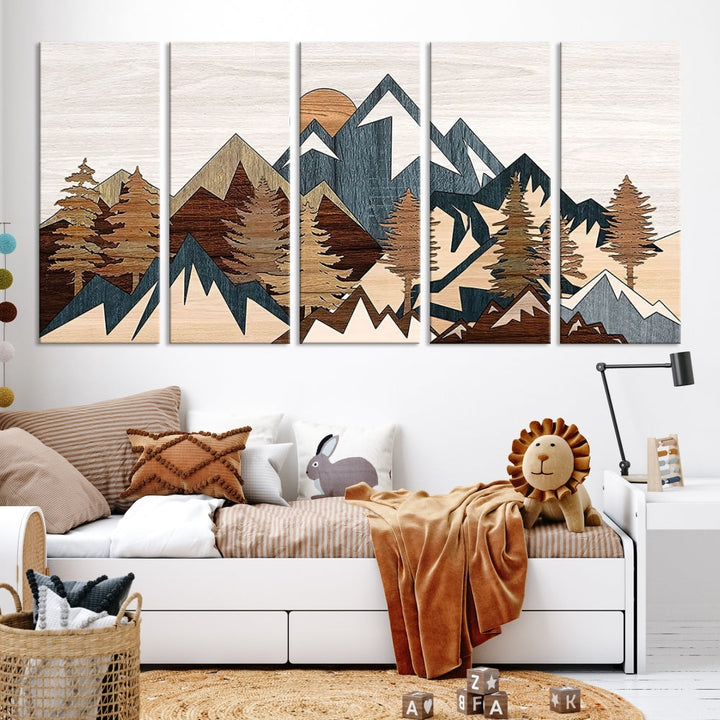 Boho Mountain Landscape Forest Wall Art Stretched Canvas Print Framed Set of