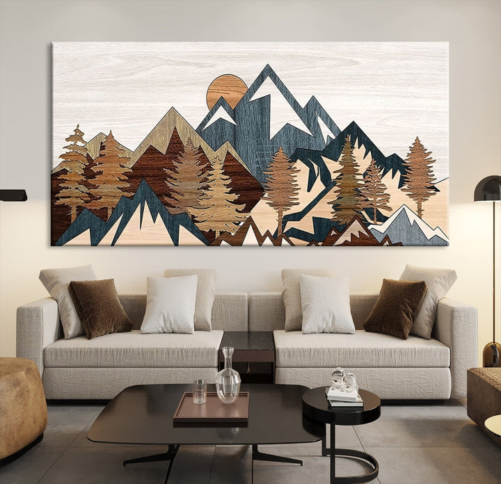 Boho Mountain Landscape Forest Wall Art Stretched Canvas Print Framed Set of