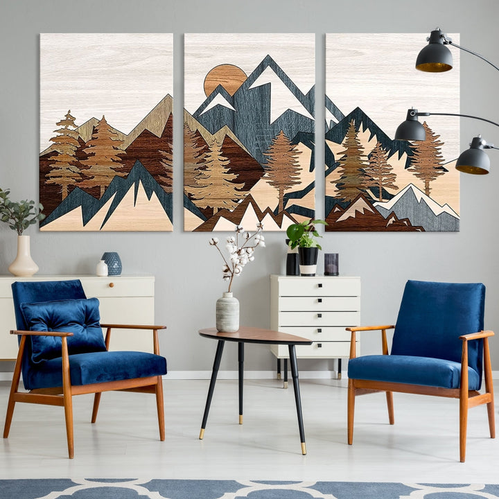 Boho Mountain Landscape Forest Wall Art Stretched Canvas Print Framed Set of