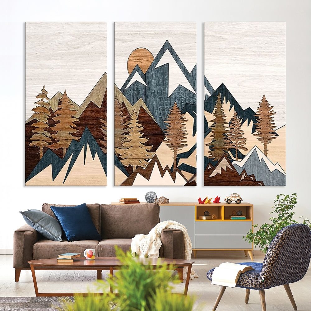 Boho Mountain Landscape Forest Wall Art Stretched Canvas Print Framed Set of