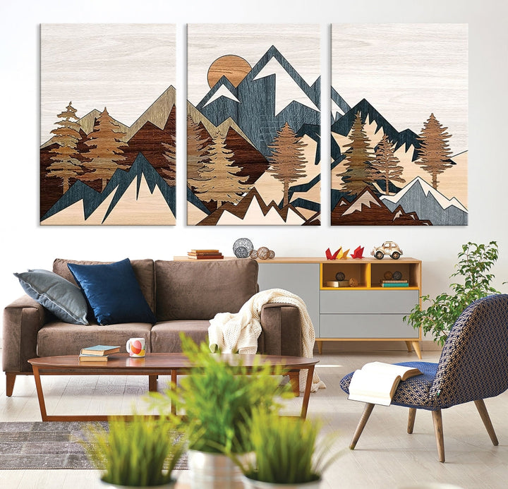 Boho Mountain Landscape Forest Wall Art Stretched Canvas Print Framed Set of