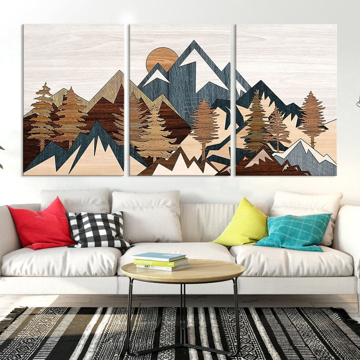 Boho Mountain Landscape Forest Wall Art Stretched Canvas Print Framed Set of