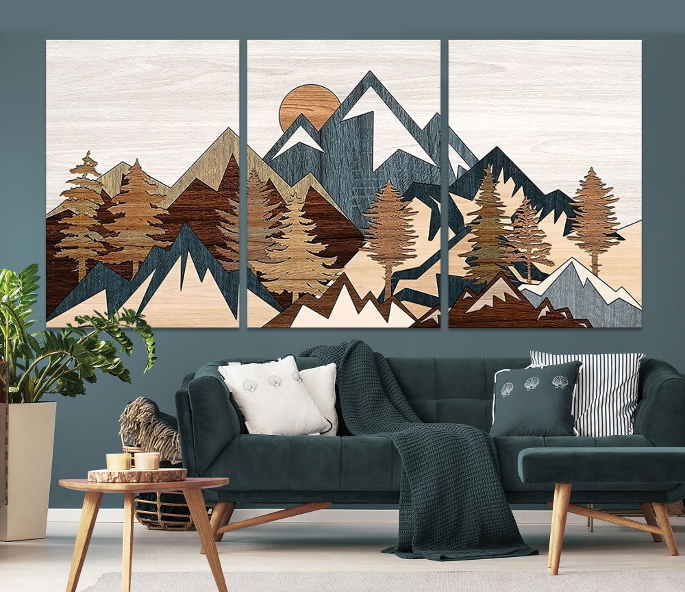 Boho Mountain Landscape Forest Wall Art Stretched Canvas Print Framed Set of