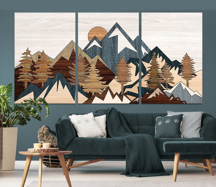 Boho Mountain Landscape Forest Wall Art Stretched Canvas Print Framed Set of