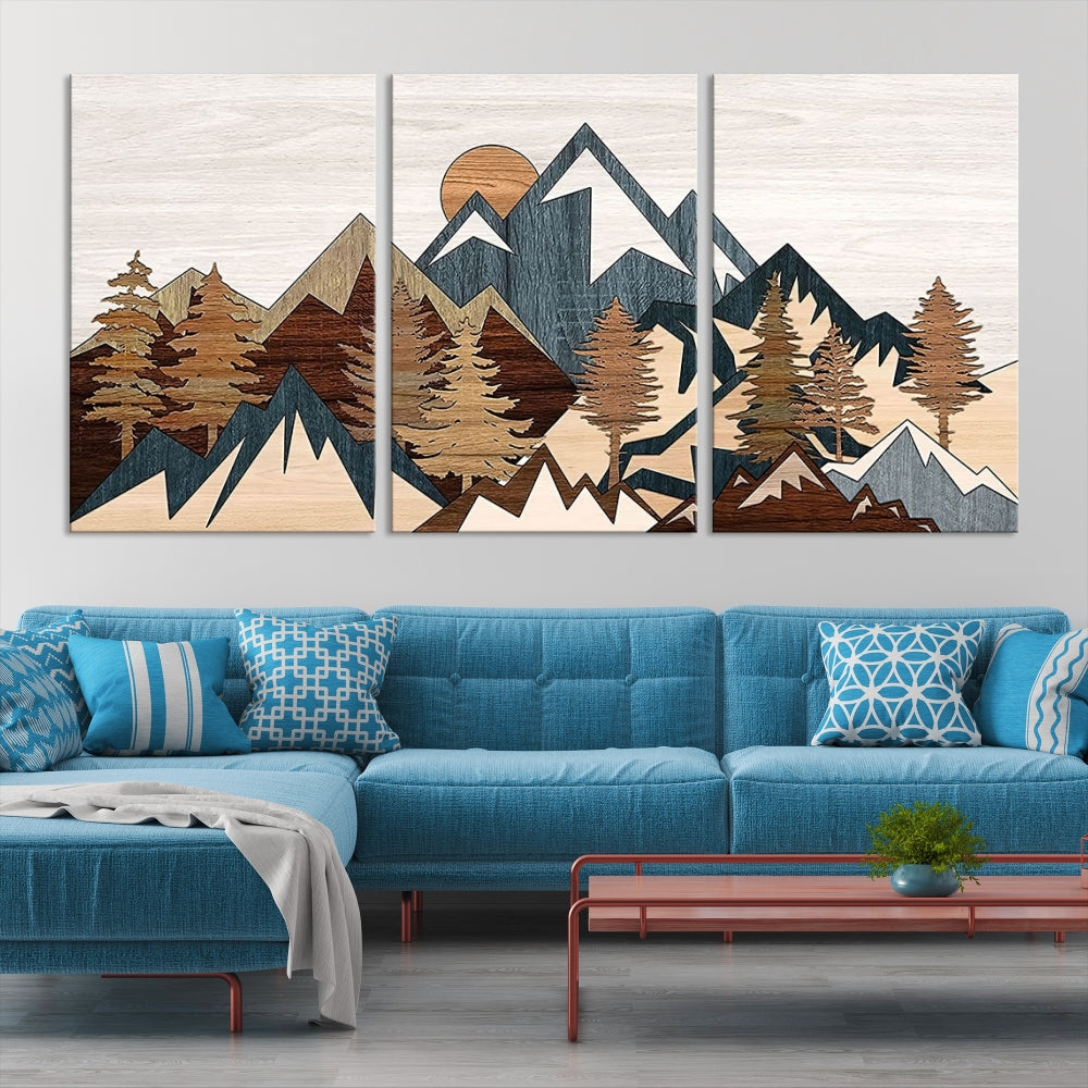 Boho Mountain Landscape Forest Wall Art Stretched Canvas Print Framed Set of