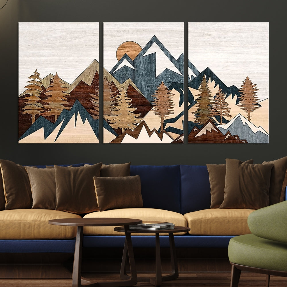 Boho Mountain Landscape Forest Wall Art Stretched Canvas Print Framed Set of