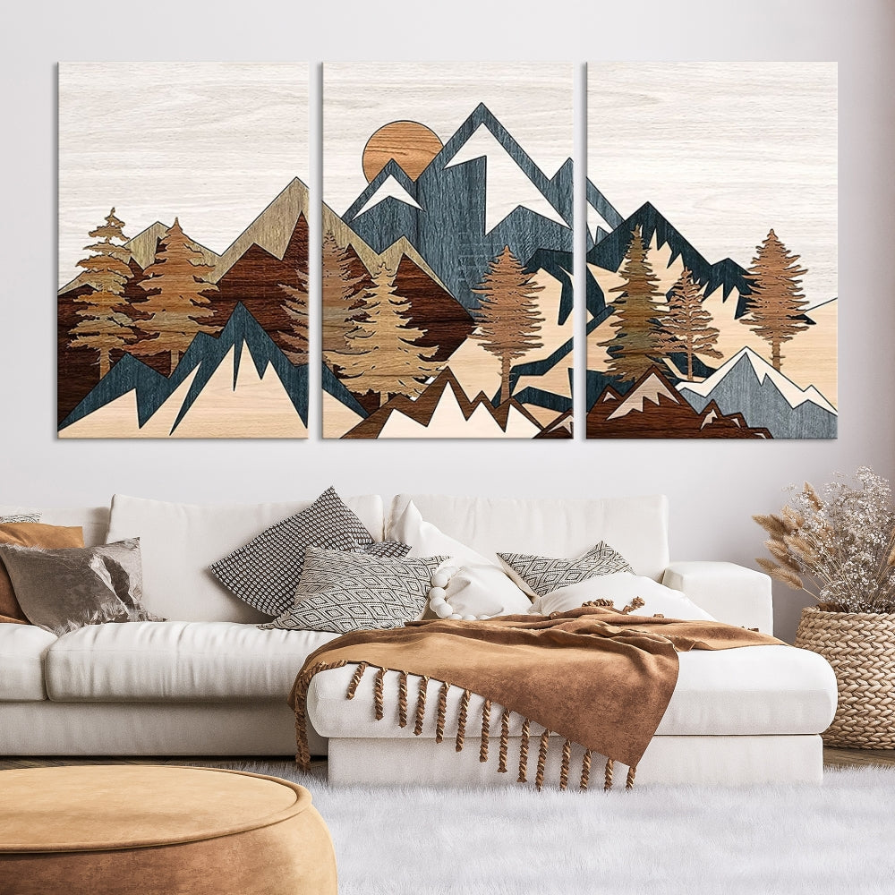 Boho Mountain Landscape Forest Wall Art Stretched Canvas Print Framed Set of