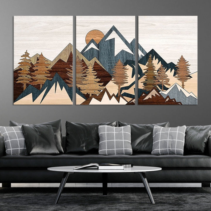 Boho Mountain Landscape Forest Wall Art Stretched Canvas Print Framed Set of