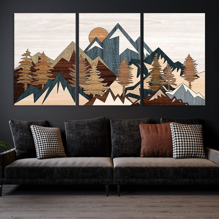 Boho Mountain Landscape Forest Wall Art Stretched Canvas Print Framed Set of