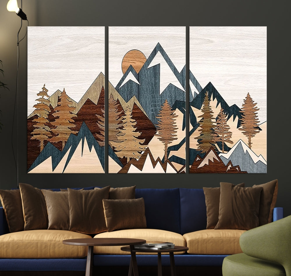 Boho Mountain Landscape Forest Wall Art Stretched Canvas Print Framed Set of