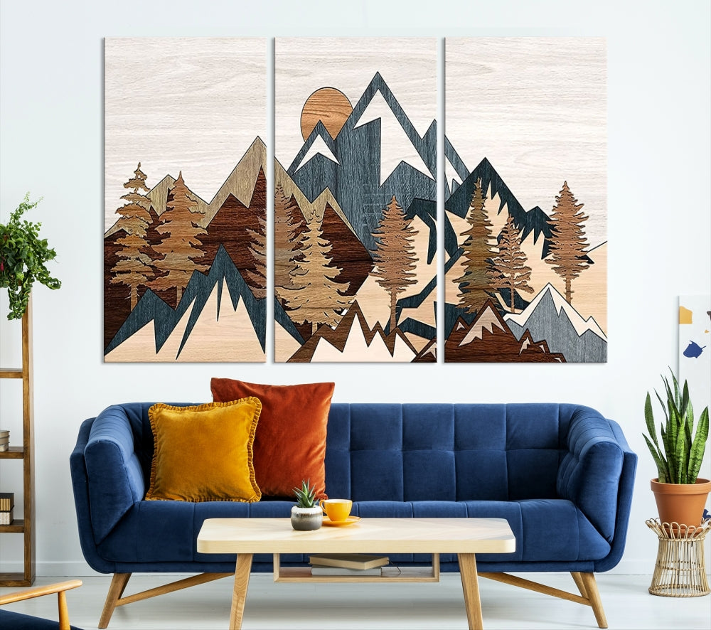 Boho Mountain Landscape Forest Wall Art Stretched Canvas Print Framed Set of