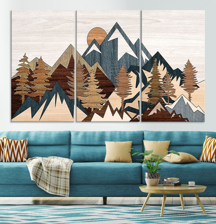 Boho Mountain Landscape Forest Wall Art Stretched Canvas Print Framed Set of