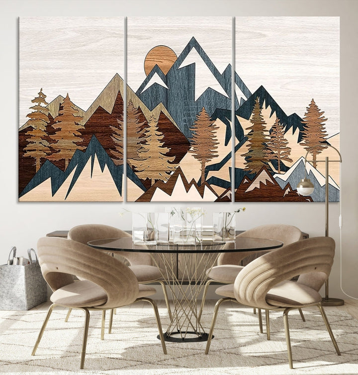 Boho Mountain Landscape Forest Wall Art Stretched Canvas Print Framed Set of