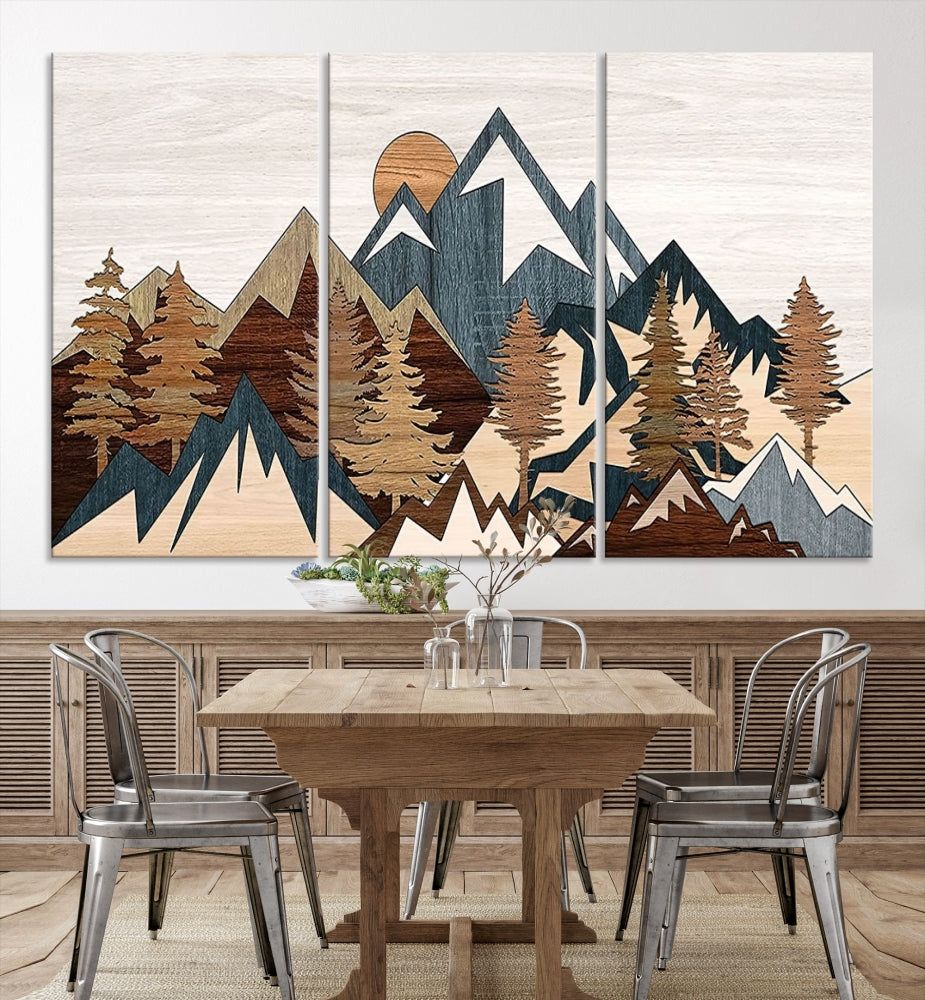 Boho Mountain Landscape Forest Wall Art Stretched Canvas Print Framed Set of