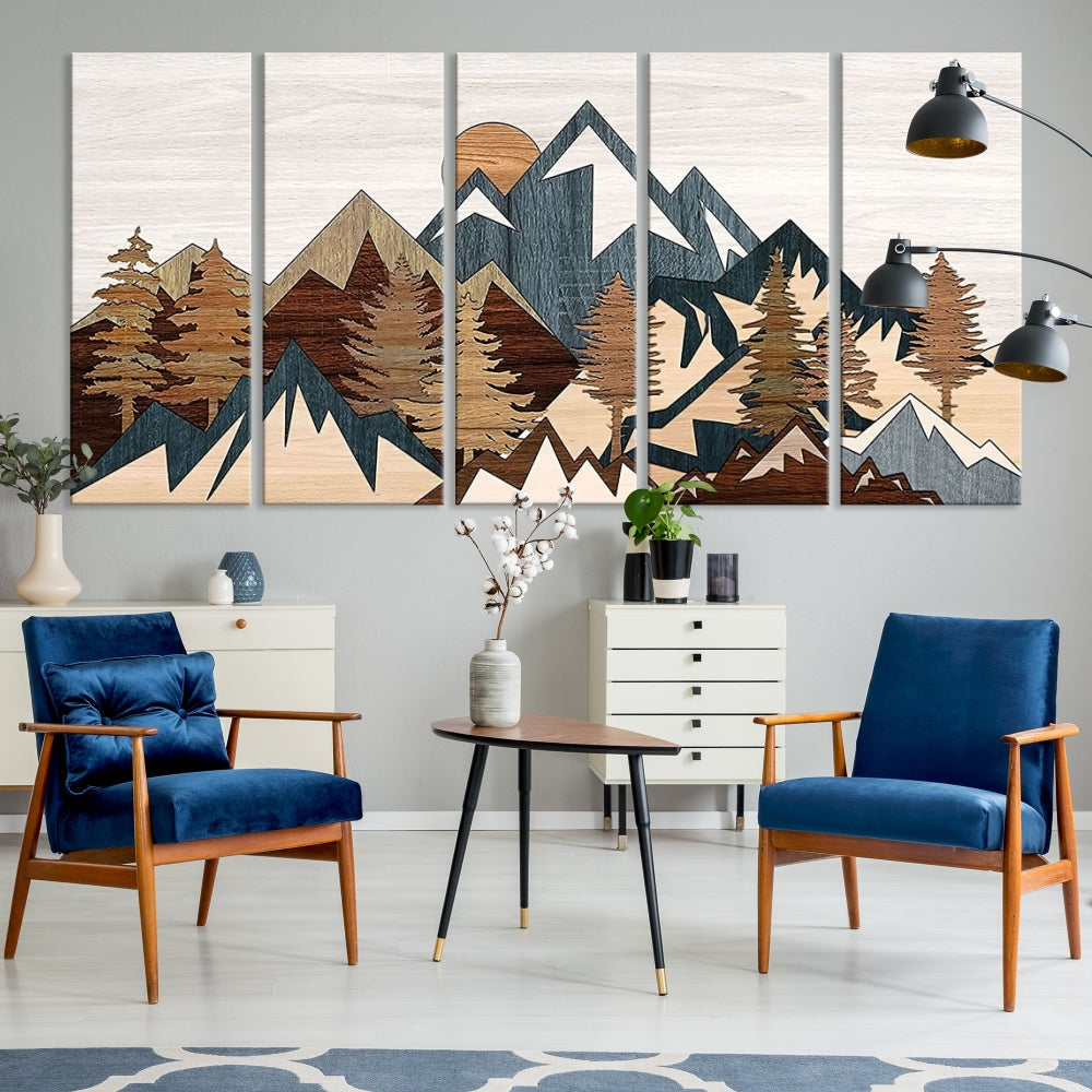 Boho Mountain Landscape Forest Wall Art Stretched Canvas Print Framed Set of