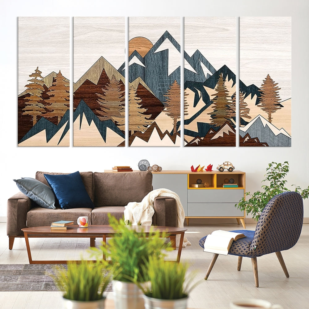 Boho Mountain Landscape Forest Wall Art Stretched Canvas Print Framed Set of