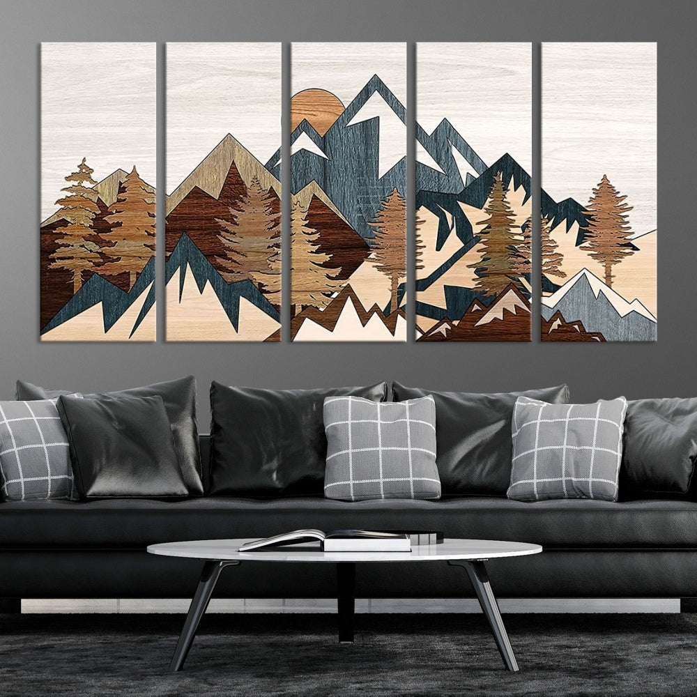 Boho Mountain Landscape Forest Wall Art Stretched Canvas Print Framed Set of