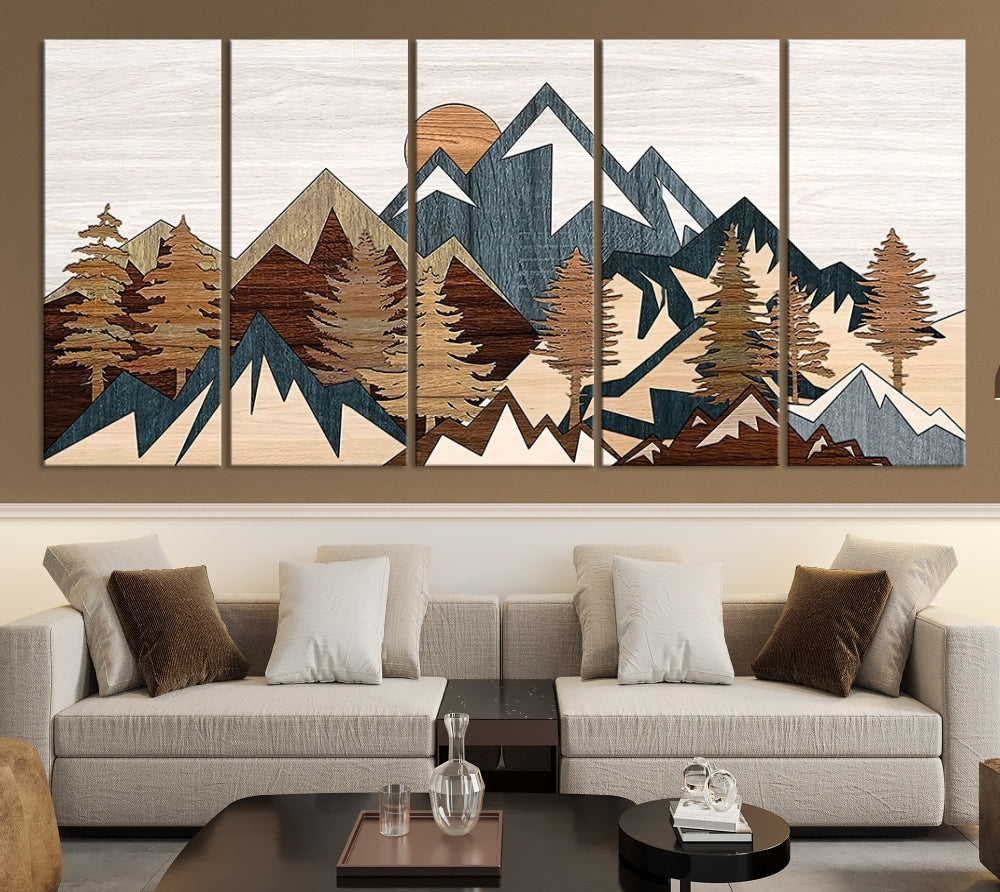 Boho Mountain Landscape Forest Wall Art Stretched Canvas Print Framed Set of