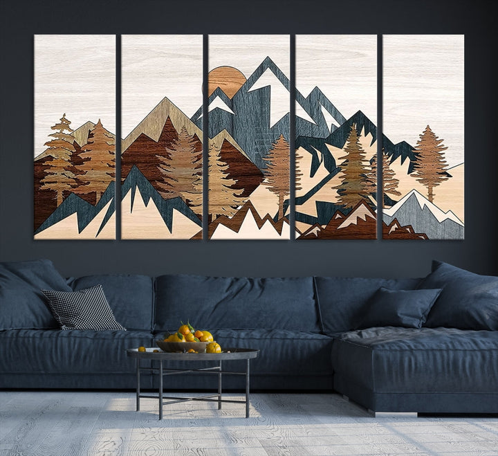 Boho Mountain Landscape Forest Wall Art Stretched Canvas Print Framed Set of