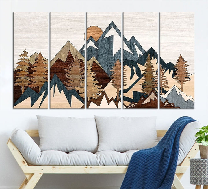 Boho Mountain Landscape Forest Wall Art Stretched Canvas Print Framed Set of