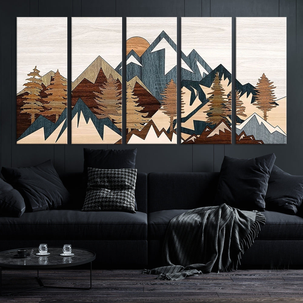 Boho Mountain Landscape Forest Wall Art Stretched Canvas Print Framed Set of