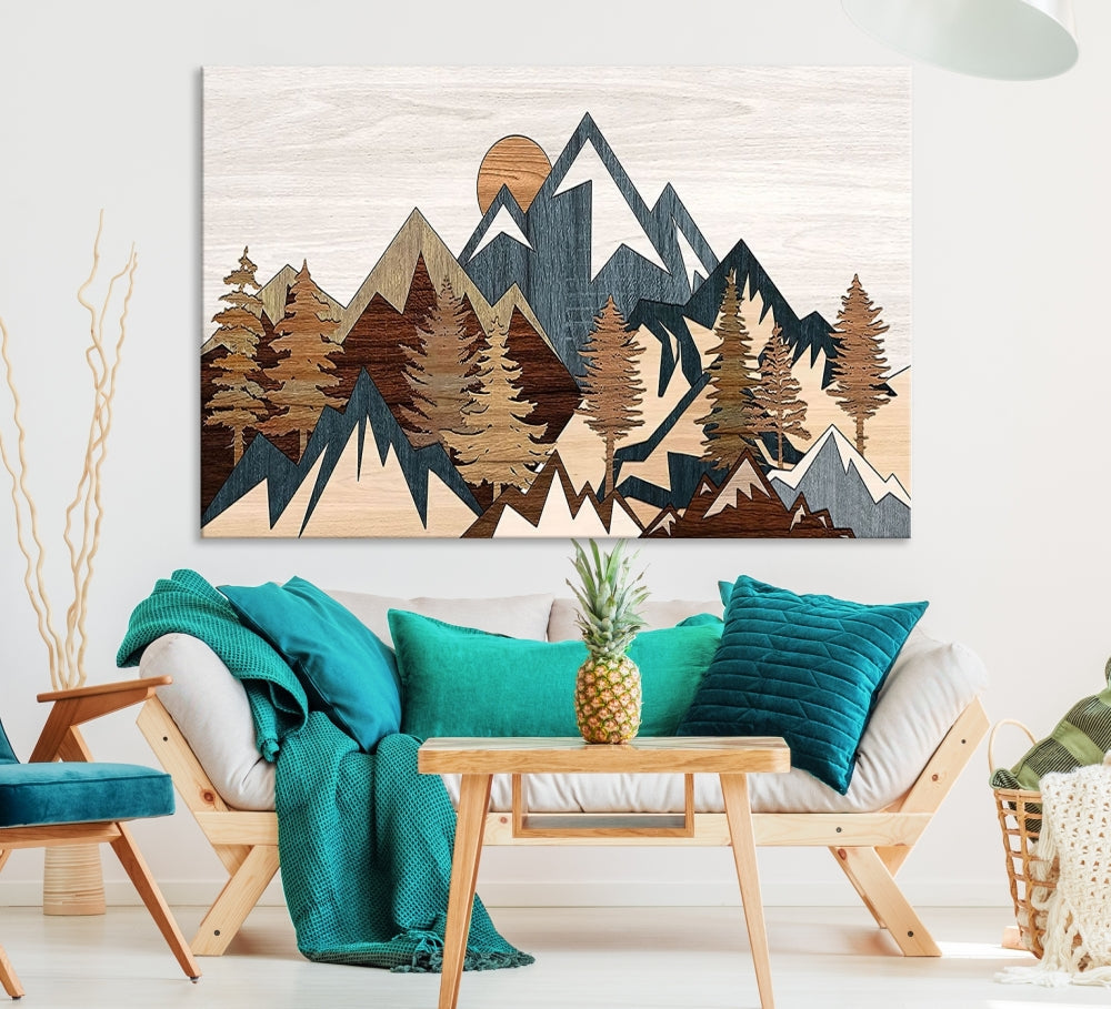 Boho Mountain Landscape Forest Wall Art Stretched Canvas Print Framed Set of